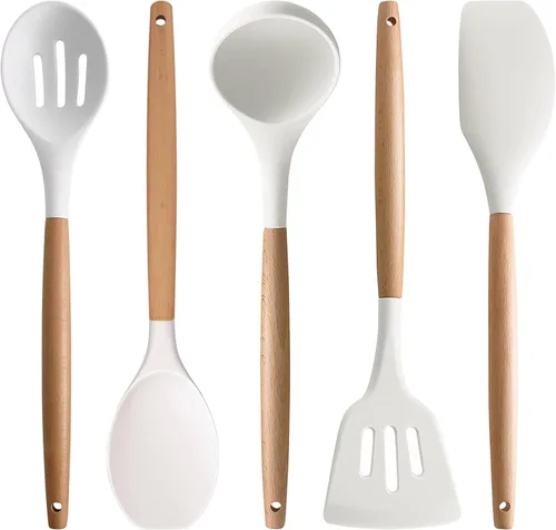 Vista 15 de Juego de 4 utensilios de cocina de silicona, juego de utensilios de cocina grandes antiadherentes con mango de madera, grado alimenticio, resistente