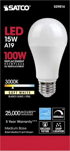 Vista 3 de Satco Lighting S29816 - Bombillas LED regulables A19 de 15 W, esmeriladas, 3000 K, base media E26, ángulo de haz de 220 grados, 120 voltios