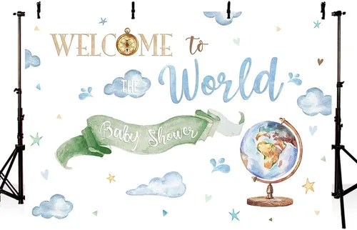Vista 3 de Fondo de bienvenida al mundo de 7 x 5 pies, tema de aventura mundial, decoración de baby shower, fotografía en acuarela, fondo para sesión de fotos