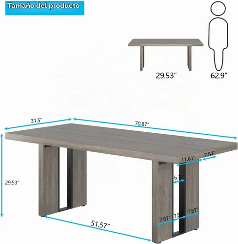 Vista 8 de Auromie Mesa de comedor rústica de 71 pulgadas para 8, mesa de comedor de granja para 6 a 8, mesa de cocina rectangular con patas resistentes