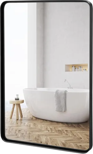 Vista 9 de MAT EXPERT Espejo de pared rectangular de 30 x 22 pulgadas, espejo de baño con marco de metal negro y esquinas redondeadas, espejo de maquillaje