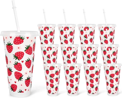Vista 11 de JarThenaAMCS 12 piezas de vasos de plástico patrióticos con tapa con pajita 4 de julio, vaso para bebidas frías con bandera americana roja, azul
