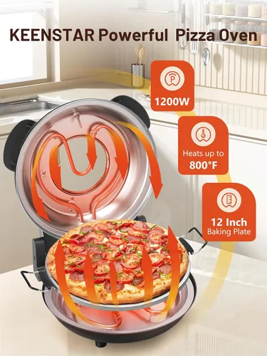 Vista 2 de KEENSTAR Horno eléctrico para pizza interior con piedra de cerámica esmaltada, máquina de pizza portátil de 12 pulgadas con temporizador ajustable