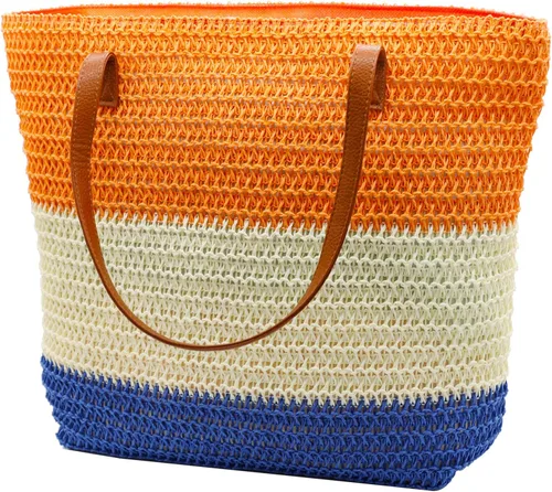 Vista 16 de Bolso grande de paja para mujer, tejido de ratán, bolso de playa de verano, a rayas