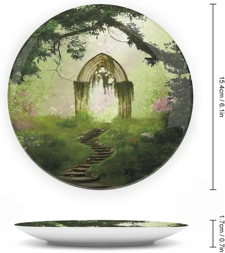 Vista 2 de Platos de cerámica, platos de cerámica decorativos antiguos, puerta de fantasía antigua en el bosque antiguo, 8 pulgadas, platos decorativos