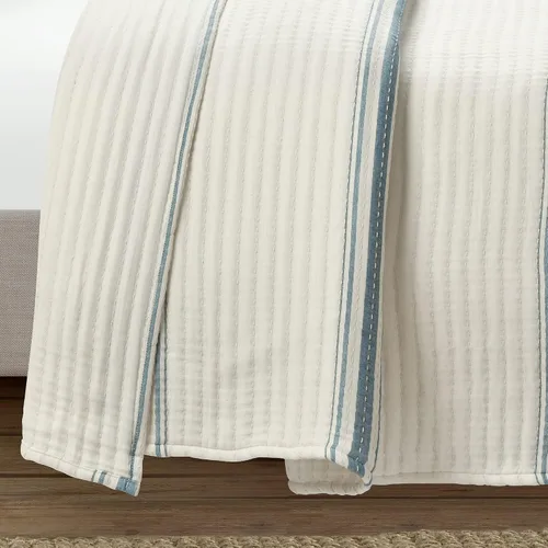 Vista 3 de Lush Decor Colcha/Cubrecama de Algodón Tejido con Puntada Pick Stitch Kantha de Rayas Estilo Granja, 104" An x 90" L, King, Azul - Ropa de Cama a
