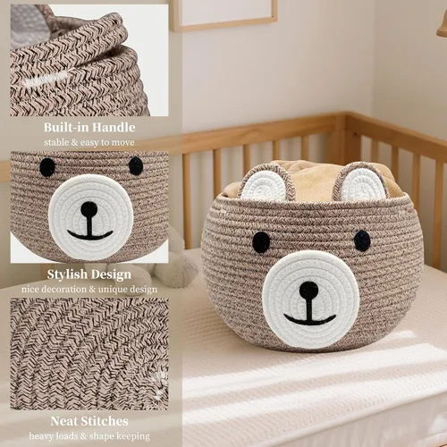 Vista 6 de Cesta de bebé para guardería, cestas de regalo de oso vacías para niños, cestas de baby shower para juguetes, cesta de almacenamiento de cuerda