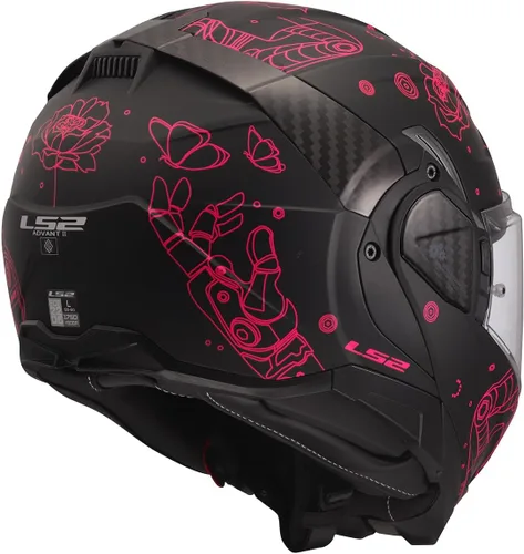 Vista 6 de Cascos LS2 Advant II - Casco modular para motocicleta con protector solar (Negro mate Sophia/Rosa - Talla L)