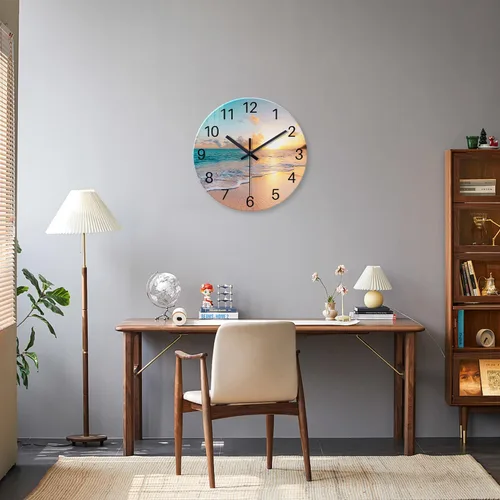 Vista 3 de Reloj de pared de playa con pilas, reloj de pared de vidrio de 12 pulgadas, analógico, sin tictac, relojes de pared azules para dormitorio, sala