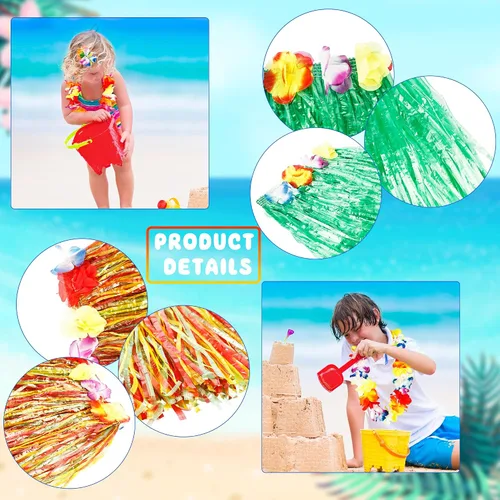 Vista 3 de Juego de 14 piezas de falda hawaiana de hierba hula con flores, pulsera de flores, clip para el cabello, traje hawaiano para fiesta de playa