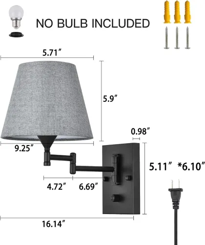 Vista 5 de Pauwer Juego de 2 apliques de pared enchufables con brazo oscilante con cable de enchufe y pantalla de tela gris, accesorios de pared para pasillo