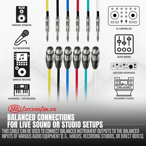 Vista 2 de AxcessAbles XLR hembra a 1/4" TRS - Paquete de cables de color para altavoz equilibrado de 2 pies Altavoces equilibrados, cables de serpiente