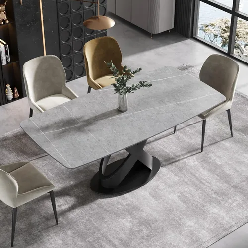 Vista 11 de Mesa de comedor moderna, mesa de piedra sinterizada blanca antigua con base de acero al carbono sólido en forma de X negra, mesa de comedor Blanco