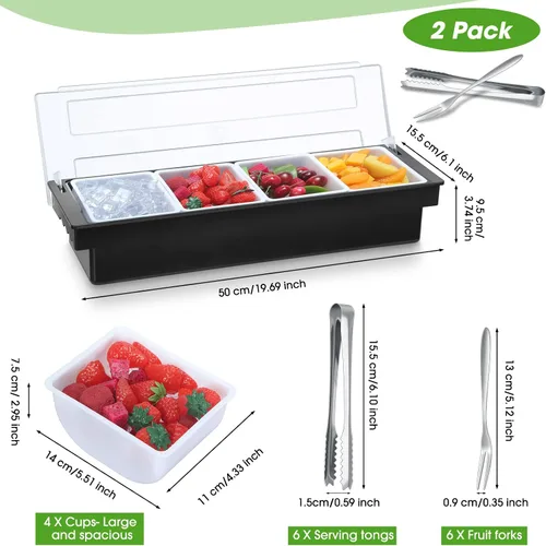 Vista 2 de Bandeja de condimentos de 2 piezas con tapa y servidor de condimentos refrigerado extraíble con 6 pinzas y 6 tenedores para servir barman ensalada