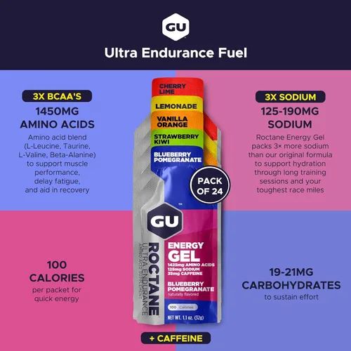 Vista 2 de GU Energy Roctane Ultra Endurance Gel Energizante, Vegano, Sin Gluten, Kosher y Sin Lácteos, Nutrición Deportiva Para Correr, Andar en Bicicleta