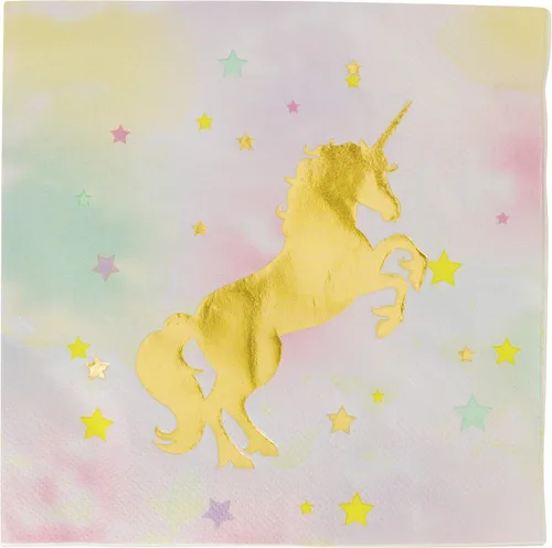 Vista 4 de Paquete de fiesta temática de unicornio dorado – Platos de papel desechables, vasos, servilletas, tenedores, cucharas, bolsas de regalo y sopladores