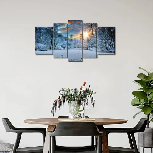 Vista 9 de Arte de pared de invierno, campo de nieve, lienzo moderno, pintura en lienzo de invierno, nieve, bosque, árbol, amanecer, puesta de sol, paisaje