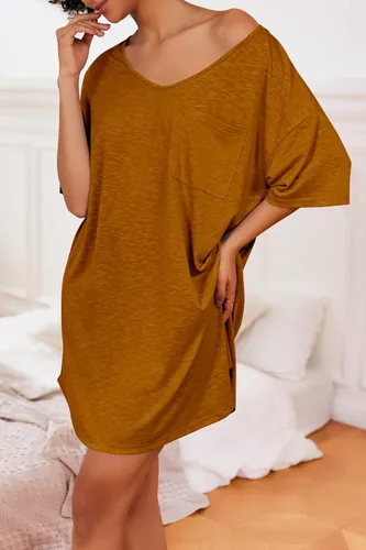 Vista 3 de Ekouaer Camisón de algodón con cuello en V para mujer, cómodo y casual para mujer