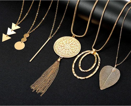 Vista 7 de Fesciory - Juego de 6 collares largos con dije para mujer, diseño de círculo, hoja, triángulo, borla y collar para niñas