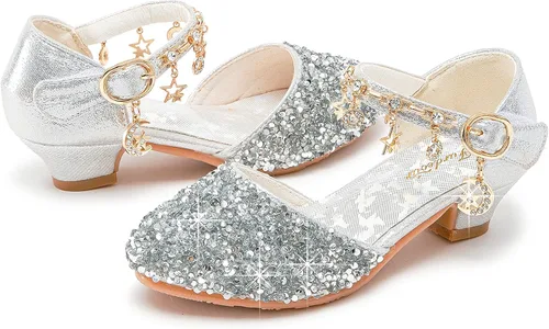 Vista 3 de Furdeour Girls Sandals Glittler Bow Dress Shoes Princess Crystal High Heels Party Wedding Flower Girls Shoes for Kid Toddler