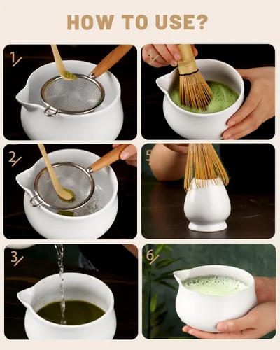 Vista 4 de Nucookery Juego de batidor de matcha, juego de 5 piezas de matcha con cuenco de cerámica de 18 onzas (Chawan) con boquilla, batidor de bambú