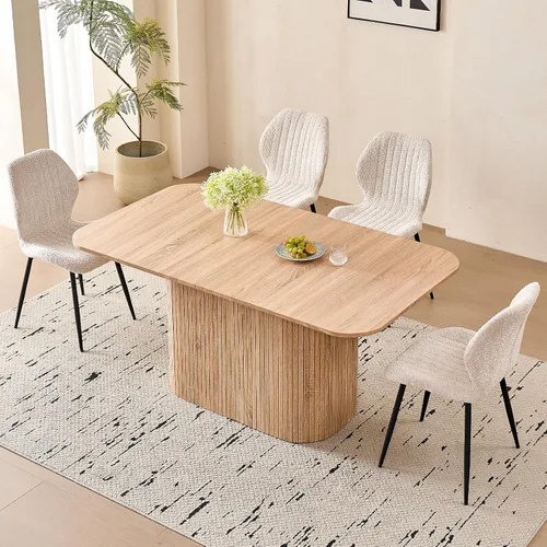 Vista 23 de Juego de 4 mesas de comedor grandes de 63 pulgadas para 4, esquinas redondeadas, mesa de cocina rectangular moderna de madera con sillas Boucle