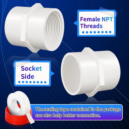 Vista 5 de Boltigen 5 piezas de accesorios de tubería de PVC blanco, adaptador conector de tubería de rosca hembra NPT de 2 pulgadas, acoplamiento de tubería