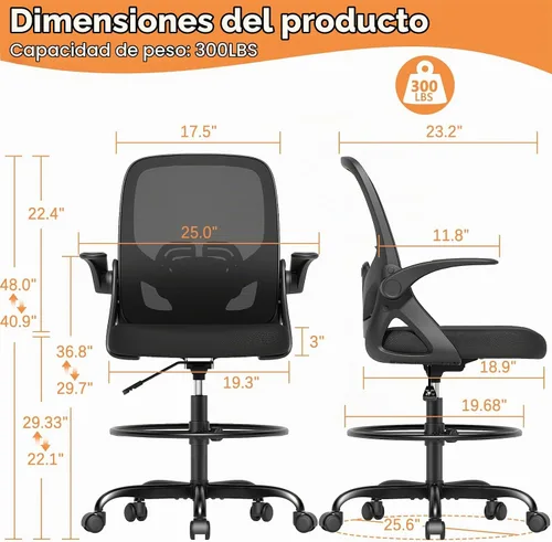 Vista 2 de ORRSAKER Silla de Dibujo Alta con Soporte Lumbar y Anillo Reposapiés, Silla de Escritorio Ergonómica Alta de Apoyo de Altura Extendida para Trabajo