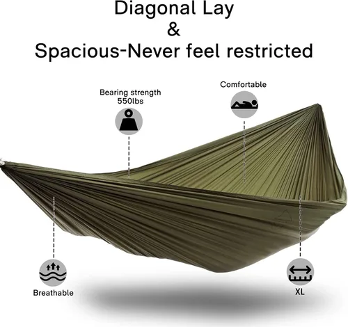 Vista 4 de OneWind Hamaca portátil para acampar de 11 pies con mosquitera, hamaca doble Ridgeline ajustable con correas de árbol de 2 x 12 pies, color marrón