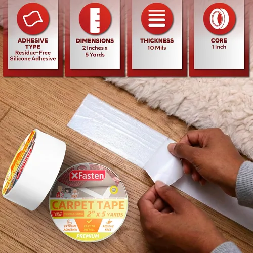 Vista 3 de XFasten Cinta de alfombra de doble cara - Cinta adhesiva resistente de 2” x 5 yardas, Cinta adhesiva de 1” de núcleo para alfombras de área sobre