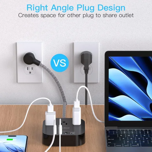 Vista 5 de Regleta de alimentación - Cable de extensión de 10 pies de largo con puertos USB C, 3 tomacorrientes 4 estación de carga de escritorio USB, regleta