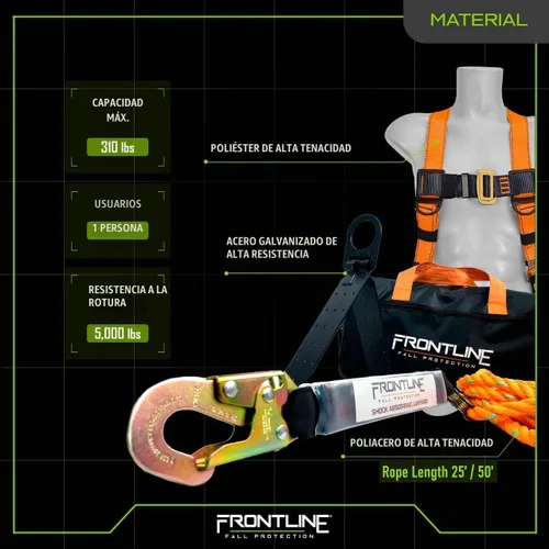 Vista 3 de Kit completo de techadores Frontline Combat con arnés de cuerpo completo Lifeline Combat™ de 50 pies Cumple con OSHA y ANSI