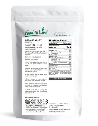 Vista 2 de Food to Live Mijo de cáscara orgánica, 1 libra, semillas de grano entero, sin OMG, Kosher, crudo, a granel, producto de los Estados Unidos