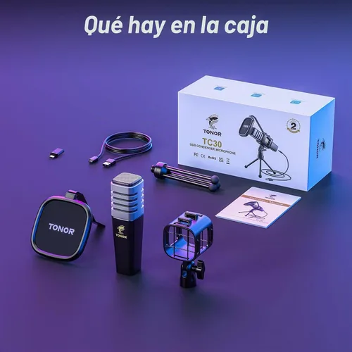 Vista 8 de TONOR Micrófono USB RGB, micrófono de condensador cardioide para computadora PC con soporte para trípode, filtro pop, soporte antivibración