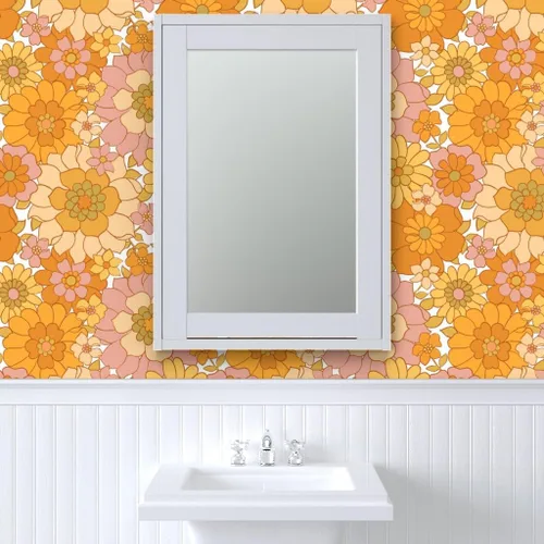 Vista 9 de Spoonflower Papel tapiz autoadhesivo para despegar y pegar, papel tapiz extraíble personalizado retro floral blanco vintage de los años 70