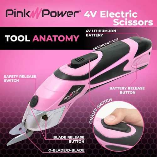 Vista 2 de Pink Power Tijeras Eléctricas Inalámbricas Cortador de Tela para Manualidades, Cajas, Costura, Alfombras y Álbumes de Recortes - Cizallas Rotativas