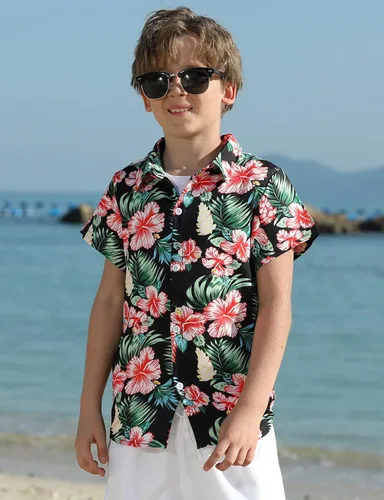 Vista 2 de Enlifety Camisa hawaiana para niños y niñas, blusa casual de verano de manga corta con botones, talla 2-10T