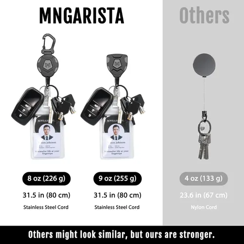 Vista 3 de MNGARISTA Llavero retráctil resistente, versión con clip de cinturón y versión con mosquetón, retracción de 9 oz, cuerda de acero de 80 cm, carrete