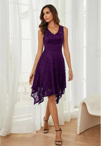 Vista 3 de Meetjen Vestidos de cóctel para mujer 2025 con dobladillo tipo pañuelo, encaje, formal, para invitada de boda, dama de honor, elegante