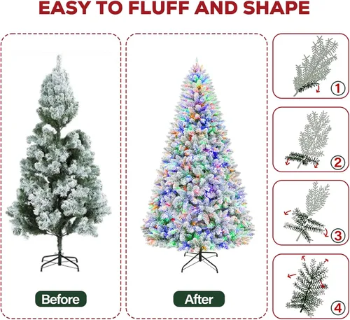 Vista 8 de Hykolity - Árbol de Navidad artificial preiluminado de 7.5 pies, con nieve artificial y 450 luces led multicolores, 10 modos, 1446 puntas de ramas