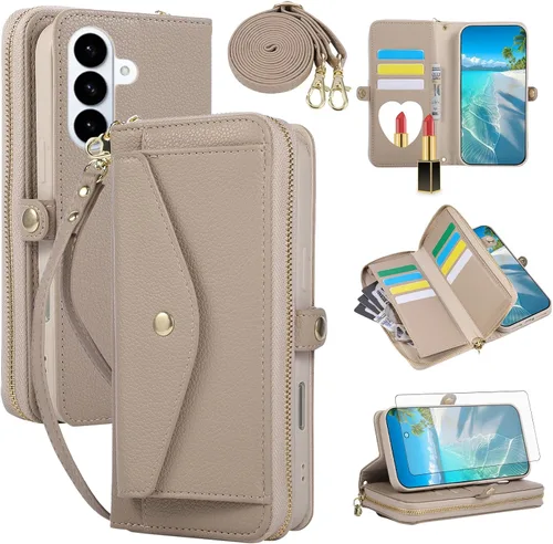Vista 19 de Asuwish Funda de teléfono para Samsung Galaxy S23 5G con cremallera, funda para celular con protector de pantalla, correa para el hombro, espejo