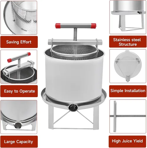 Vista 5 de Extractor de prensa de miel de abeja grande, extractor manual de miel de acero inoxidable 12.6L Extractor de prensa de jugo de frutas