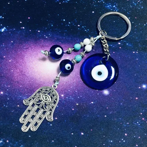 Vista 2 de Llavero de mal de ojo para colgar, llaveros artesanales, llavero de buena suerte, colgante de ojos azules, paquete de 2