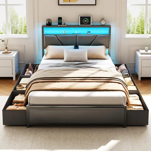 Vista 5 de OURPIC Base de cama de tamaño matrimonial, cabecera de almacenamiento de 2 niveles y 6 cajones de tela, plataforma tapizada de piel sintética, marco
