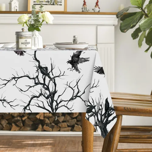 Vista 4 de Horaldaily Mantel rectangular de Halloween de 52 x 70 pulgadas, diseño de cuervo, lavable, para fiesta, picnic, cena, decoración