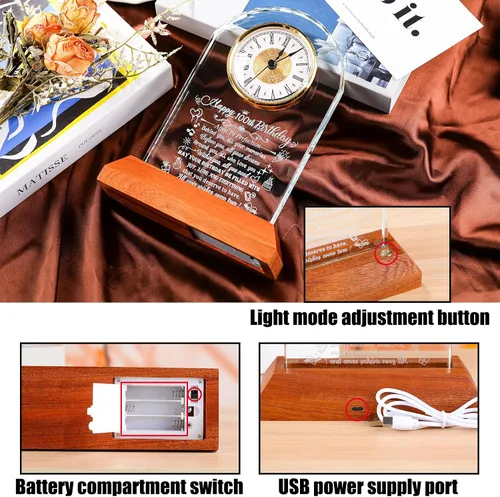 Vista 3 de Arikyrist Regalos de cumpleaños número 100 para mujeres, hombres y amigos, reloj de cumpleaños de cristal con base de luz Glass 100th Birthday