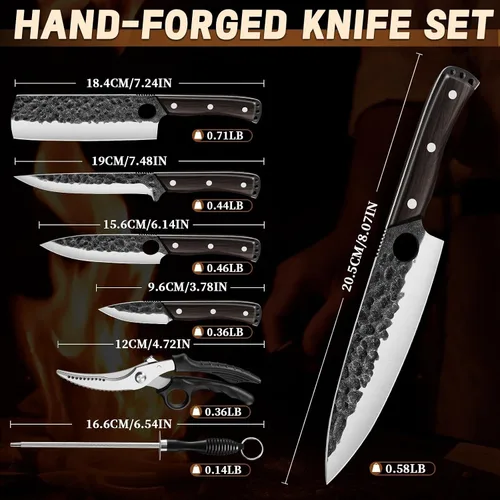 Vista 7 de Juego de cuchillos de chef japonés Golden Bird con bolsa enrollable, juego de cuchillos de carnicero forjado a mano para corte de carne, cuchillos