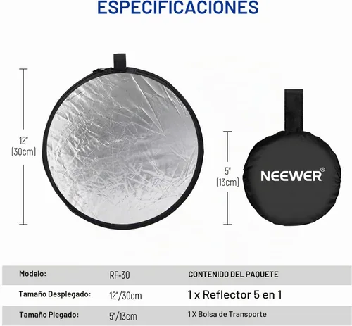 Vista 7 de NEEWER Reflector de luz de 12"/30cm Difusor de luz 5 en 1 Plegable Multi Disco con bolsa - Translúcido, plateado, dorado, blanco y negro