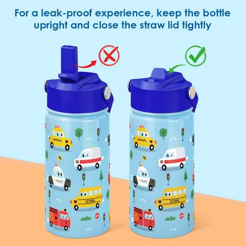 Vista 3 de Botella de agua para niños de 12 onzas con tapa con popote, paquete de 2 botellas de agua aisladas de acero inoxidable para niños y niños, taza