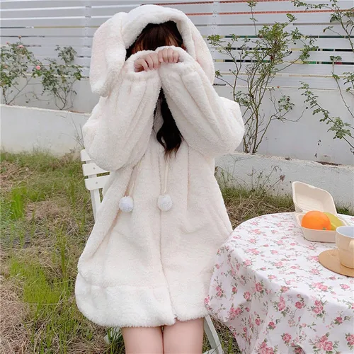 Vista 4 de Linda sudadera con capucha de conejo kawaii para mujer sudadera con capucha de conejo esponjoso a la moda
